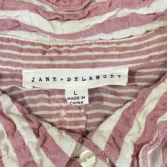 Jane and Delancey Pink White Striped Button Up Shirt Relaxed Crinkle Top Size L - Picture 4 of 6
